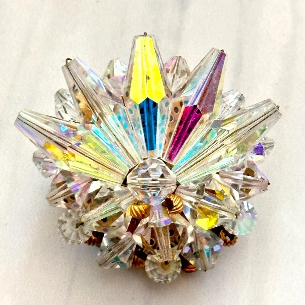 Vintage AB Crystal Starburst Wire Set Beaded Cluster Faceted Pin Brooch 0705 Y